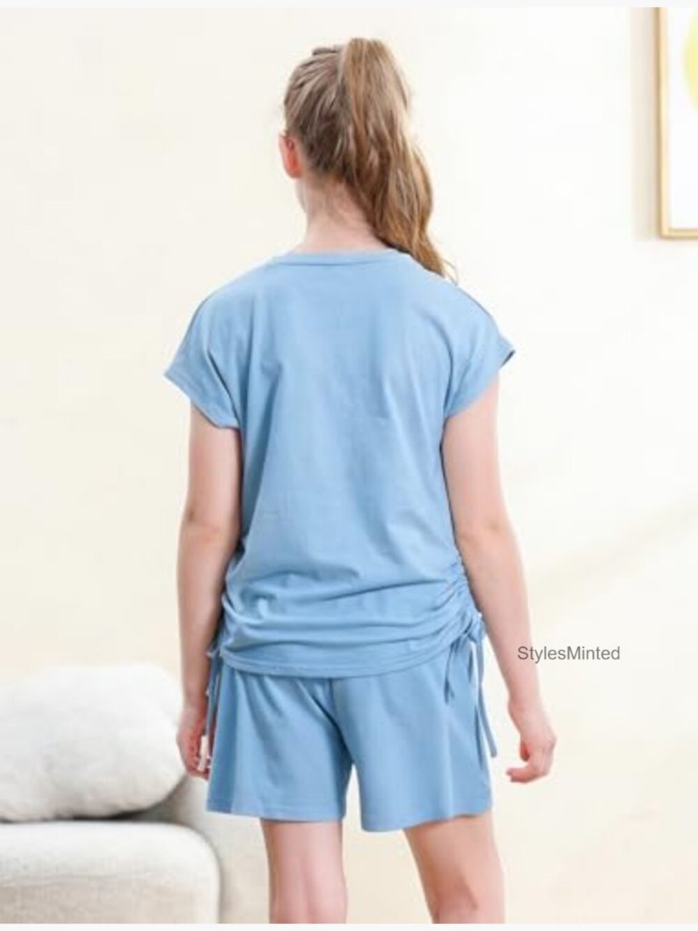 Girls Two Piece Short Set Star Pattern Ruched Drawstring 7-14 Years - Picture 3 of 6